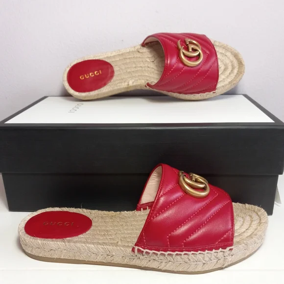 NEW GUCCI GG MARMONT MATELASSE LEATHER ESPADRILLE SANDALS RED/GOLD SZ 37 - Picture 15 of 16